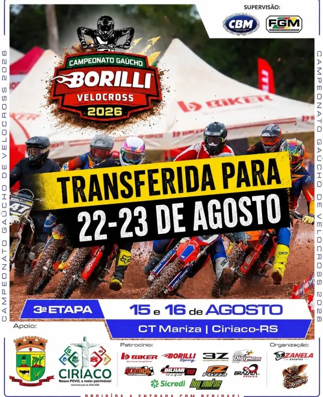 Imagem 3ª etapa do Campeonato Gaúcho Borilli Velocross é transferida para os dias 22 e 23 de agosto